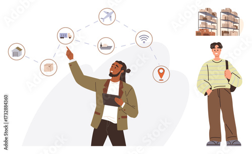 Man using a tablet pointing at logistics flowchart featuring transportation, maps, and connectivity with a student observing. Ideal for logistics, planning, education, teamwork, technology