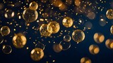 Esferas doradas flotando sobre fondo oscuro con partículas brillantes y efecto bokeh festivo