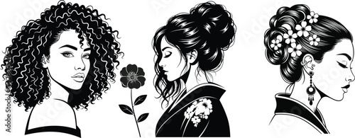 Diverse Women's Beauty Vector Set - Black and White Illustrations with Curly Hair, Elegant Updo, and Kimono Fashion