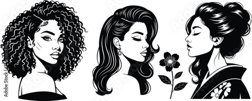 Diverse Women's Beauty Portrait Set - Elegant Black and White Vector Illustrations for Curly Hair, Retro Waves, and Kimono