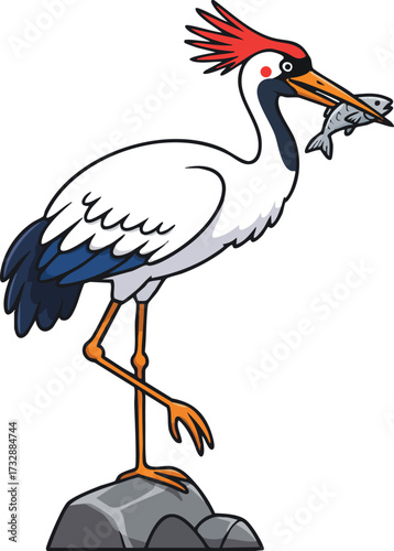 Crane bird standing on rock holding fish in beak detailed natural wildlife vector illustration 