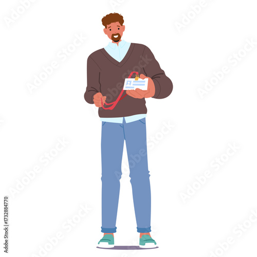 Man cartoon character showing ID badge for security check standing isolated on white background