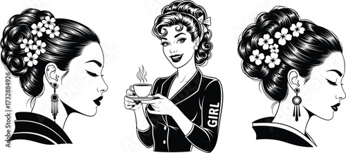 Vintage Pin-up Girls Set - Retro Black and White Women Portraits with Flowers and Coffee, Vector Illustration