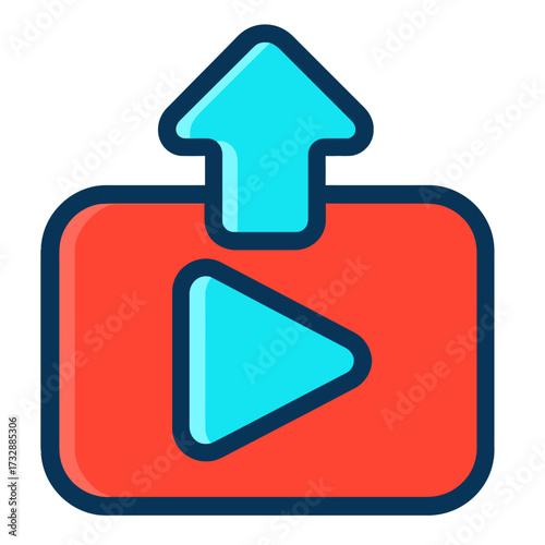 Dynamic upload video icon illustrating media submission to online platforms, featuring a bold red container, a bright cyan play triangle, and an assertive upward arrow, ideal for web and mobile interf