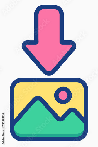 Modern download image icon: vibrant pink arrow pointing down towards a landscape picture frame with green mountains, yellow sky, and a pink sun. Ideal for web, apps, UI/UX, saving, retrieving, and imp