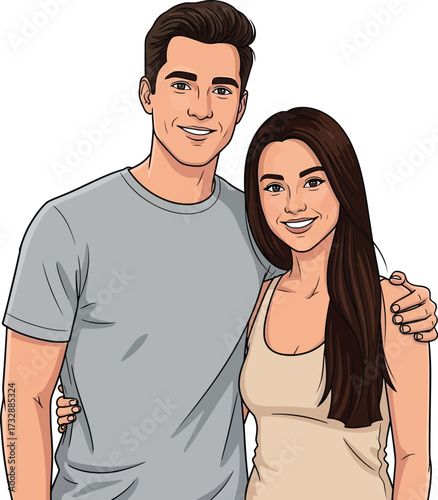 Smiling Young Couple Close-Up Portrait - Affectionate Man and Woman Hugging, Modern Vector Cartoon Illustration