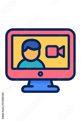 Vibrant flat vector icon: a computer monitor shows a user and camera, representing online video calls, virtual meetings, remote work, and teleconferencing. Essential for digital collaboration, e-learn
