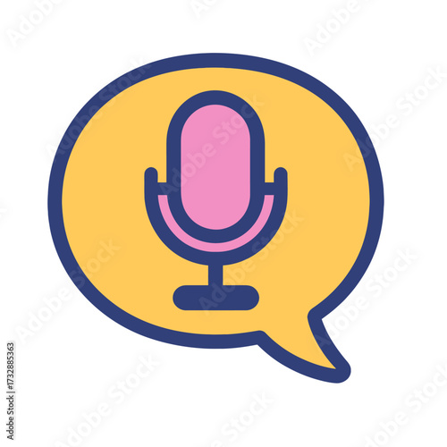 Vibrant flat mic icon in yellow speech bubble for voice recording, audio messages, podcasting, digital communication, sound input, speech recognition. UI/UX, apps, web, virtual assistants, audio tech,