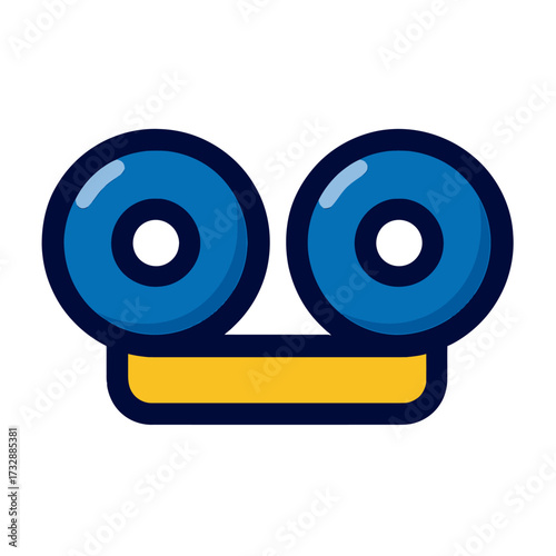 Retro Film Reel Icon - Stylized blue reels and yellow base, resembling vintage movie projectors or classic reel-to-reel tape recorders. Evokes nostalgic cinema, audio, media technology for digital pro