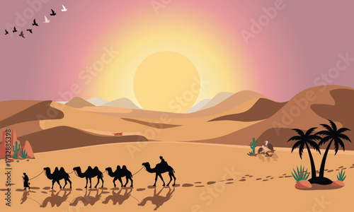 Beautiful sunrise scenery in desert with golden sand dunes, warm sunlight, and dramatic sky.