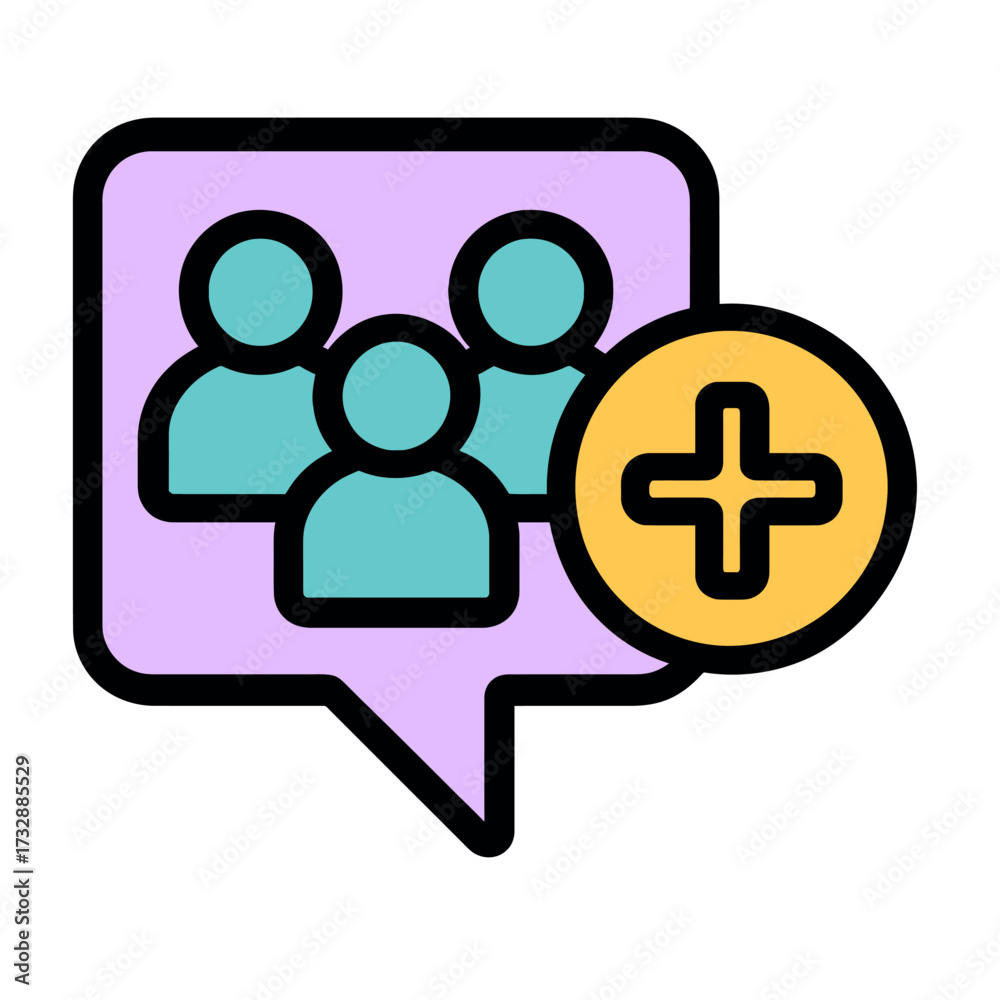 Obraz premium Vibrant Group Chat Add User Icon: Perfect for Social Messaging Apps & Collaboration Platforms. This Modern UI/UX Element Facilitates Seamless Invitation of New Members to Group Conversations, Fosterin