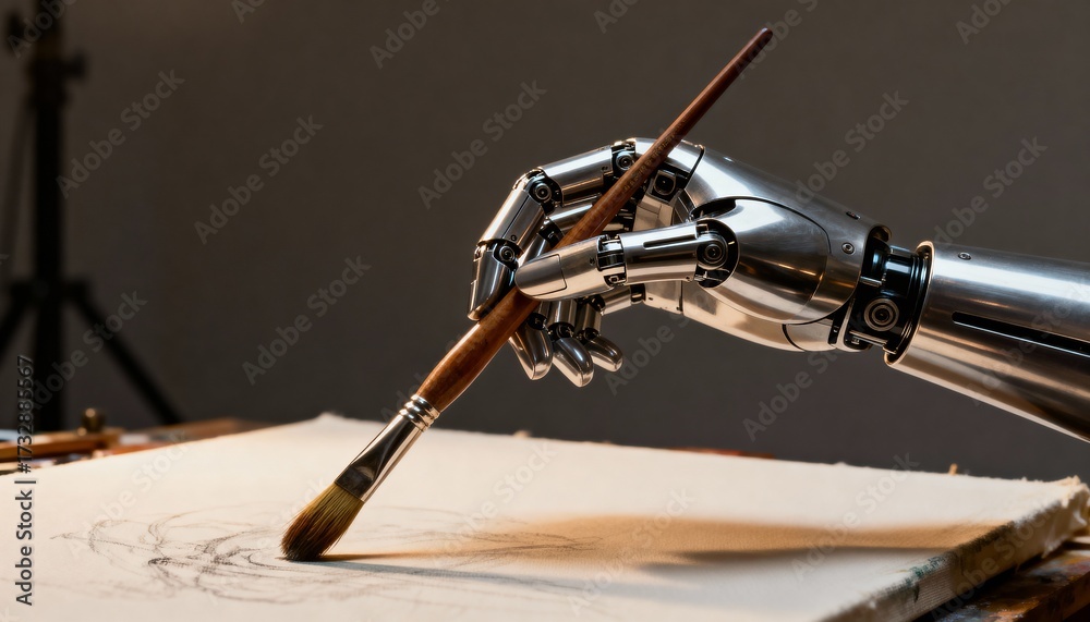 Naklejka premium A robotic arm meticulously holds a paintbrush, creating art on canvas, illuminated by soft light.