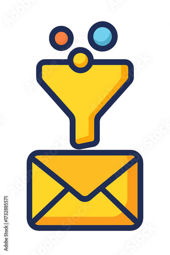 Modern flat icon of a funnel processing inputs into an email. Symbolizes data filtering, targeted communication, lead generation, and message segmentation. Essential for digital marketing, streamlined