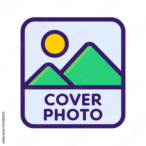 Flat design icon: minimalist landscape with green mountains, yellow sun, blue sky. Bold "COVER PHOTO" text on white banner. Perfect for app interfaces, social media, web graphics, digital branding, pr