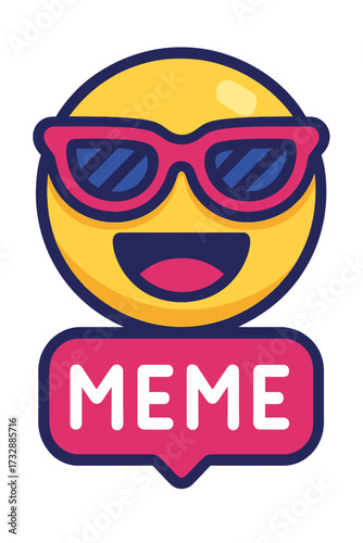 Cool yellow emoji wearing pink sunglasses, wide happy smile, above a vibrant pink "MEME" speech bubble. Represents internet culture, viral humor, and trending content. Perfect graphic for social media