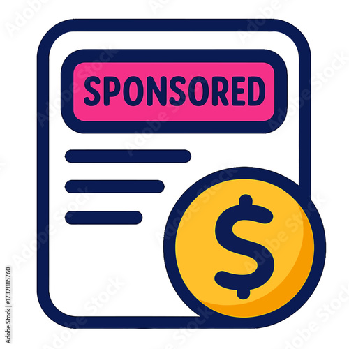 Digital sponsored content icon with a dollar sign. Represents paid promotion, online monetization, and advertising revenue generation strategies for brands seeking enhanced visibility and successful m