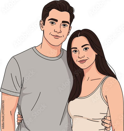 Happy Young Couple Portrait - Smiling Man and Woman Hugging in Casual T-Shirts, Cartoon Vector Illustration