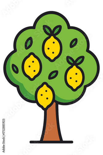 Vibrant flat design icon of a lemon tree: lush green leaves, four bright yellow lemons with speckles & crisp outlines, brown trunk. Set against a dark green gradient. Cheerful, modern illustration sym