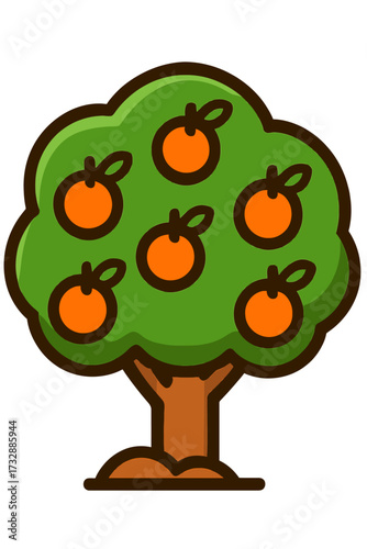 Vibrant Cartoon Orange Tree Illustration with Ripe Citrus Fruits – A Detailed Vector Art Depiction of a Healthy Fruit-Bearing Plant, Perfect for Educational Resources, Digital Graphics, and Nature-The