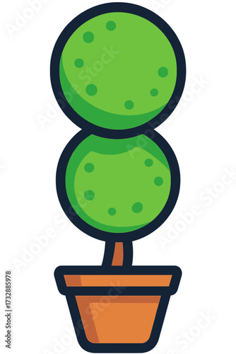 Vibrant Green Potted Topiary Plant Illustration with Modern Flat Design Aesthetic - A Stylish Indoor Houseplant Vector Art for Contemporary Home or Office Decor, Featuring Spherical Foliage in a Brigh