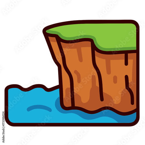 Stylized flat design vector illustration of a sturdy natural cliff overlooking calm blue water, topped with green grass. A modern, clean, cartoon graphic asset for game development, app icons, web des