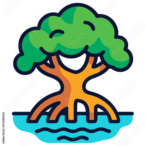 Vibrant Glowing Mangrove Tree Icon: A Detailed Stylized Vector Illustration of a Tropical Wetland Ecosystem Featuring Prominent Prop Roots Submerged in Shimmering Blue Water, Ideal for Environmental T