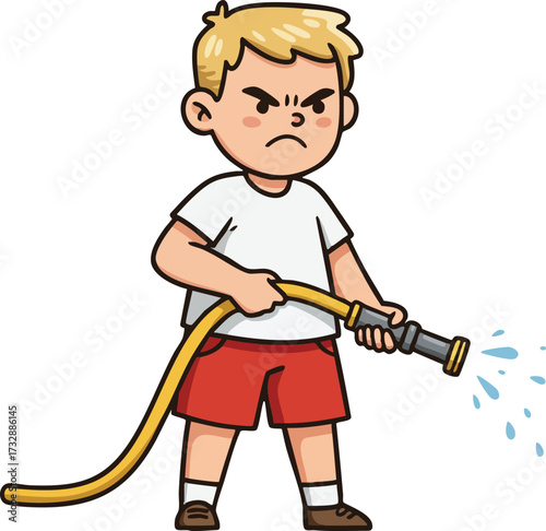 Angry boy holding garden hose watering outdoor plants in casual clothes vector illustration 