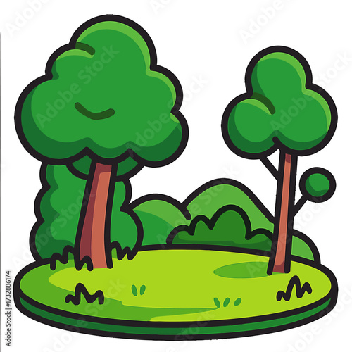 Vibrant cartoon landscape: two stylized green trees, lush grass, and playful bushes on a dark background. Ideal for digital designs, game assets, kids' content, educational resources, web, mobile, pri