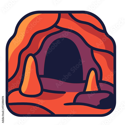 Vibrant and Stylized Cave Entrance Illustration with Layered Earth Tones, Featuring Abstract Rock Formations and a Deep Grotto Interior, Perfect for Gaming, App Icons, or Digital Art Projects, Evoking