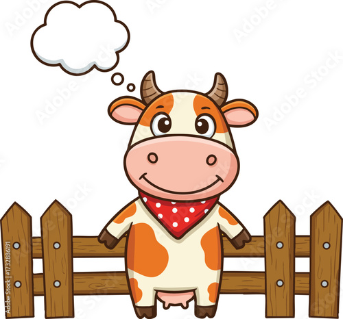 Cute cartoon cow with red bandana standing by wooden fence with thought bubble vector illustration 