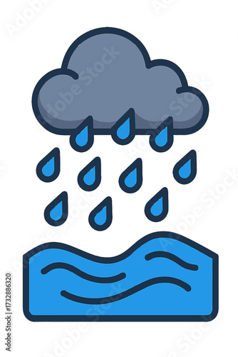 A beautifully rendered icon illustrating a dark gray cloud releasing vivid blue raindrops onto a vibrant body of undulating blue water, symbolizing heavy precipitation, a stormy weather event, or the
