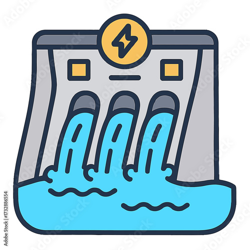 A vibrant cartoon illustration showcasing a hydroelectric dam efficiently generating clean, renewable energy from flowing water, an essential modern infrastructure for sustainable power production and