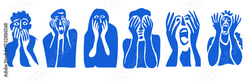 Halloween screaming faces illustration in paper cut out style with terrified people expressions