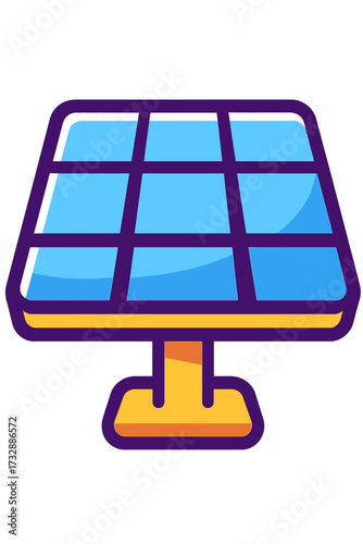 Vibrant illustration of a modern solar panel, shining with bright blue cells, set against a dark, glowing purple backdrop. This iconic graphic symbolizes sustainable power generation, clean energy sol