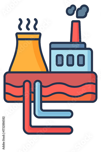 Industrial energy plant vector: cooling tower, steam, factory building, smokestack, underground heat exchange (red/blue pipes). Represents geothermal, district heating, sustainable energy generation i
