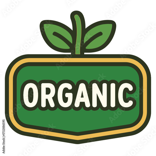 Green and yellow organic certified product label icon featuring a stylized plant sprout with two fresh leaves, signifying natural, healthy, sustainable, eco-friendly, pure food and wholesome living; p