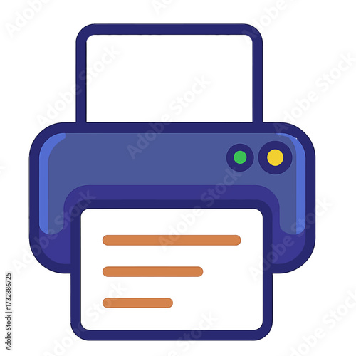 Digital printer icon with a glowing orange document emerging, set against a dark background. Features green and yellow status lights. This modern illustration symbolizes efficient document output, con