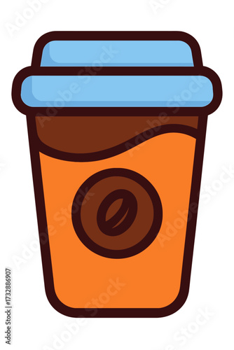 Vibrant flat design vector illustration of an orange coffee cup with a blue lid and coffee bean icon. Excellent for cafes, hot drinks, morning routines, web, apps, branding, print. A clean, modern, in