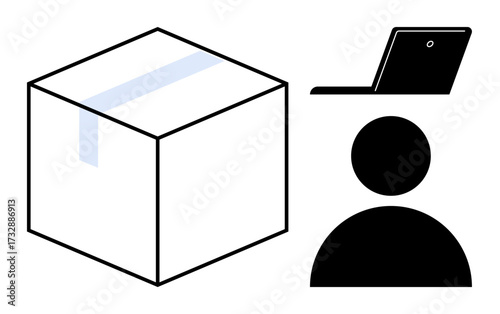 Large sealed box symbolizing shipping next to a laptop and human figure. Ideal for ecommerce, logistics, online shopping, courier services, supply chain, technology, remote communication. Simple flat