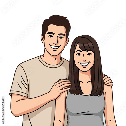 Smiling Young Couple in Casual Clothes. Clean Line Art Digital Illustration Isolated on Transparent Background.
