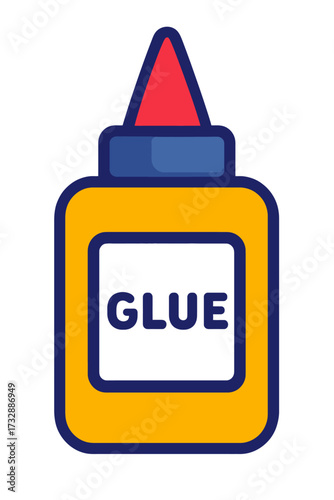 Stylized illustration of a yellow glue bottle with a blue cap and red dispenser tip, prominently displaying the word "GLUE." This graphic represents a fundamental adhesive tool, ideal for crafts, scho