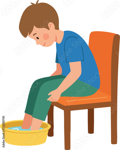 Boy soaking feet in basin sitting on orange chair simple vector illustration 