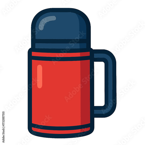 Vibrant red and blue flat design thermos bottle icon illustration with a handle. Perfect insulated flask graphic for hot or cold drinks, travel, camping, daily commutes, coffee, tea, water, and advent
