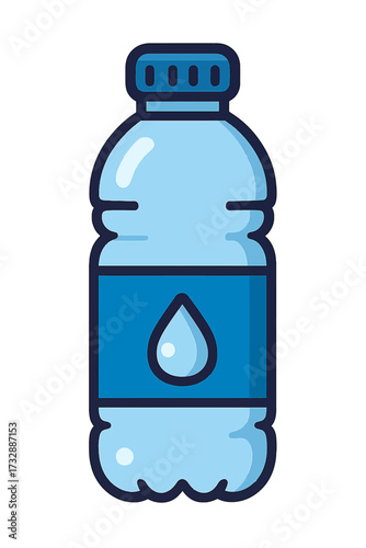 Digital illustration of a light blue plastic water bottle with a dark blue cap and a label showing a white water droplet. Represents hydration, health, and refreshment. Perfect for web, app, or print