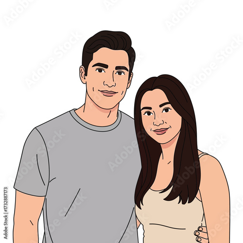 Simple Flat Style Illustration of a Young Couple. Casual Multi-Ethnic Man and Woman Portrait Isolated on Transparent Background.