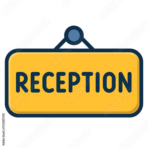 Vibrant yellow 'RECEPTION' sign, boldly displaying dark blue text. This eye-catching hanging plaque clearly directs visitors to the main welcome area, front desk, and customer service point in offices