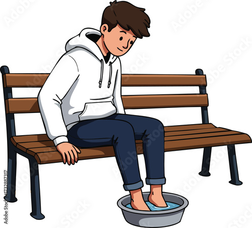 Young man sitting on wooden bench soaking feet in basin relaxing at home vector illustration 