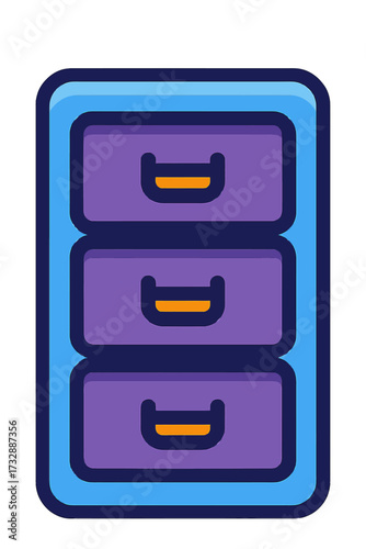 Vibrant three-drawer filing cabinet icon: blue frame, three purple drawers with orange handles. Digital illustration for efficient document organization, secure data management, and streamlined archiv