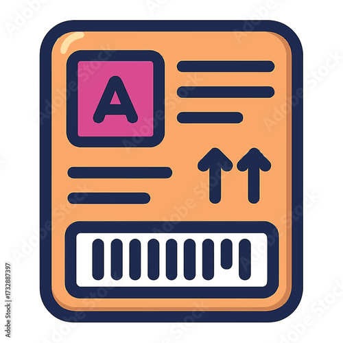 Modern flat design icon of a beige delivery package with a pink 'A' label, text lines, 'this way up' arrows, and a barcode. Represents shipping, logistics, parcel identification, safe transport, and e