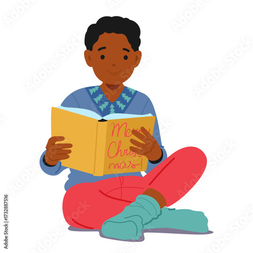 Cute curious boy child cartoon character reading Christmas story book sitting isolated on white